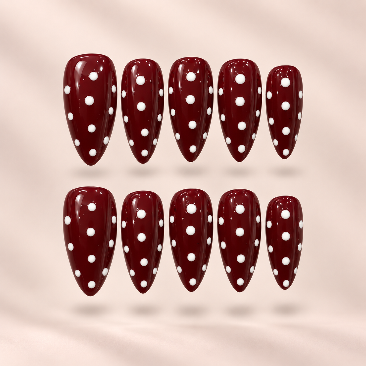Ruby Polka – Burgundy Polka Dot Almond Press-On Nails