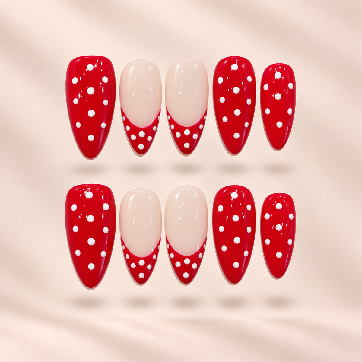 Scarlet Dots – Red Polka Dot French Almond Press-On Nails