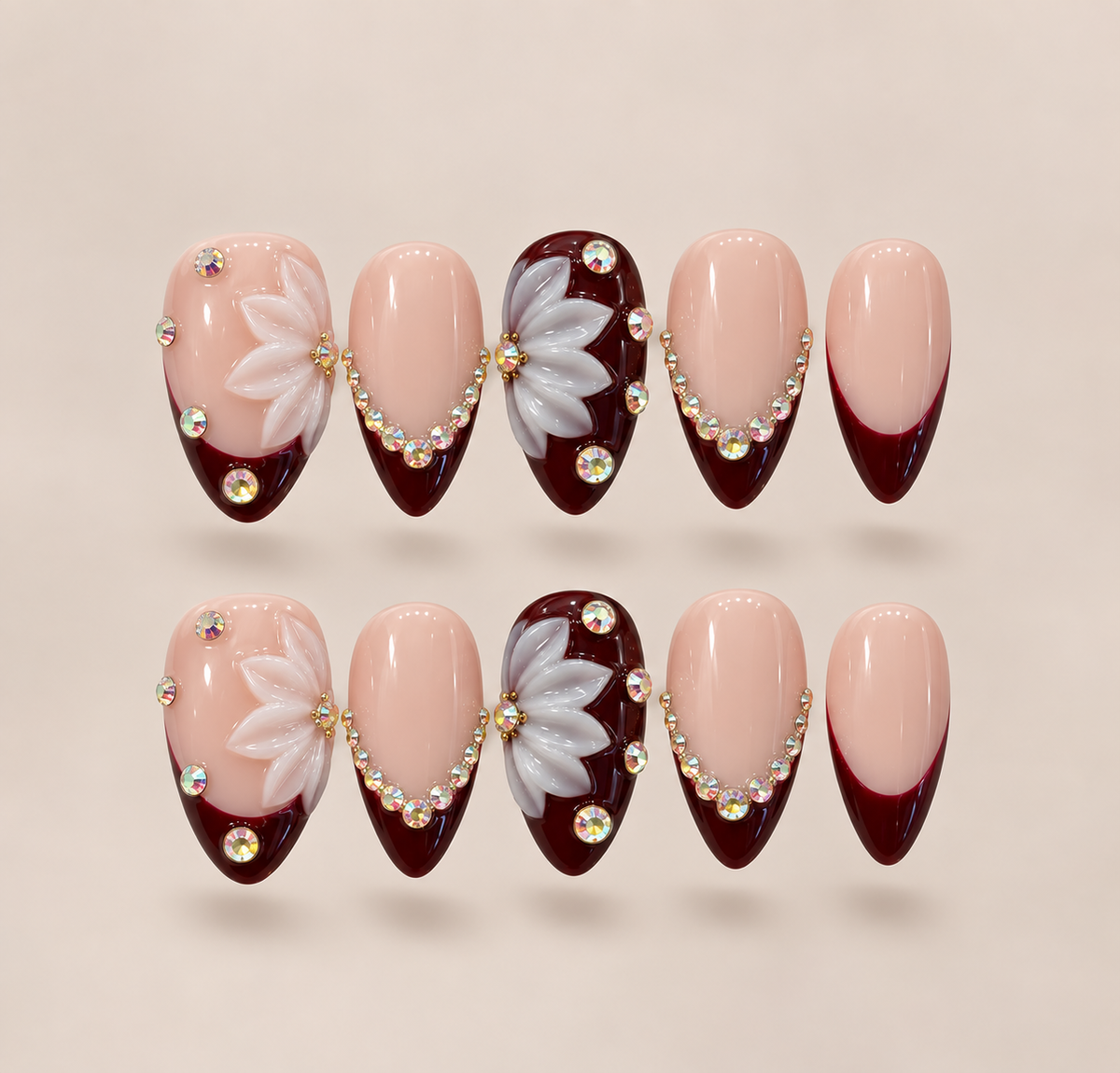 Burgundy Blossom – Burgundy 3D Floral Almond Press-On Nails