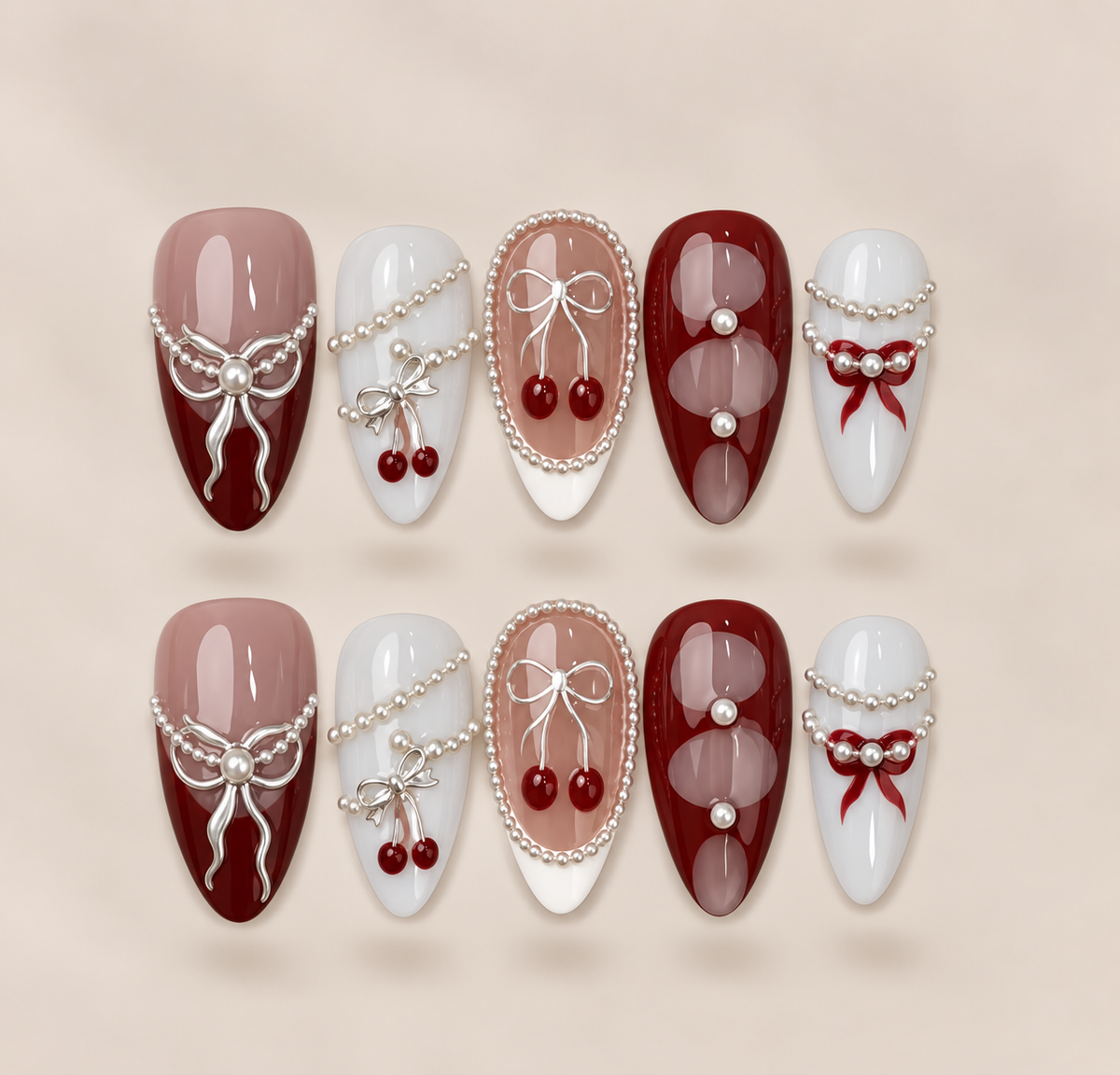 Noël Bow – Red & White Christmas Bow Almond Press-On Nails