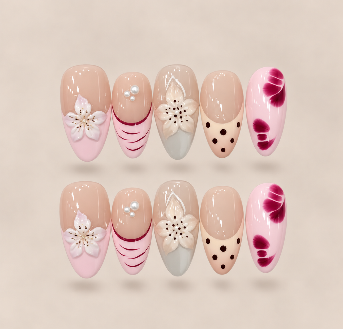 Blush Mélange – Pink Floral & Patterned Almond Press-On Nails