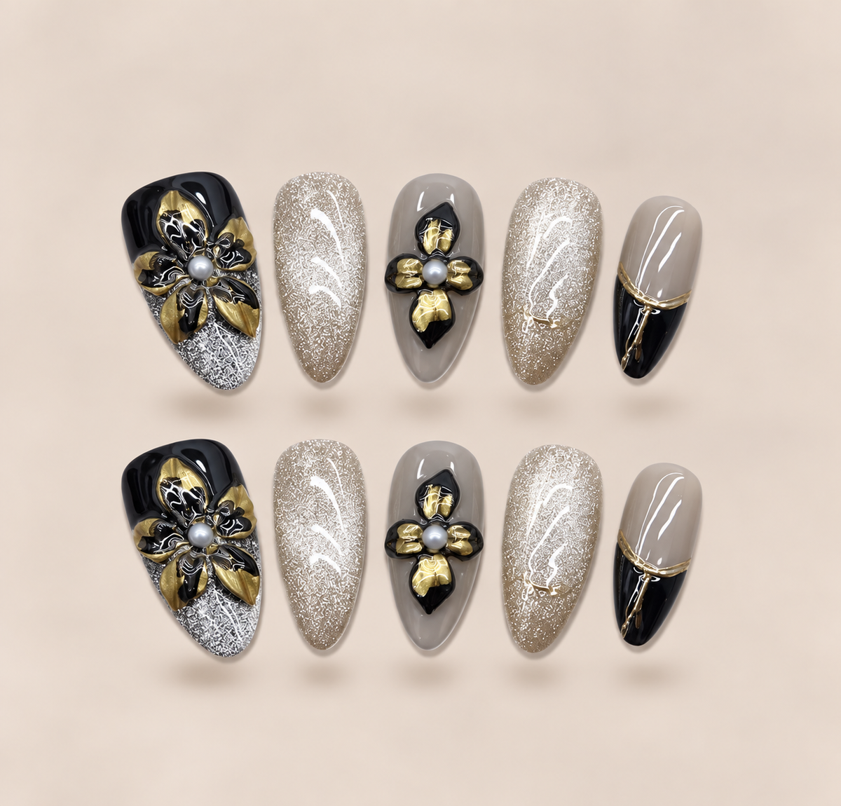 Black Rose – Black Floral Almond Press-On Nails