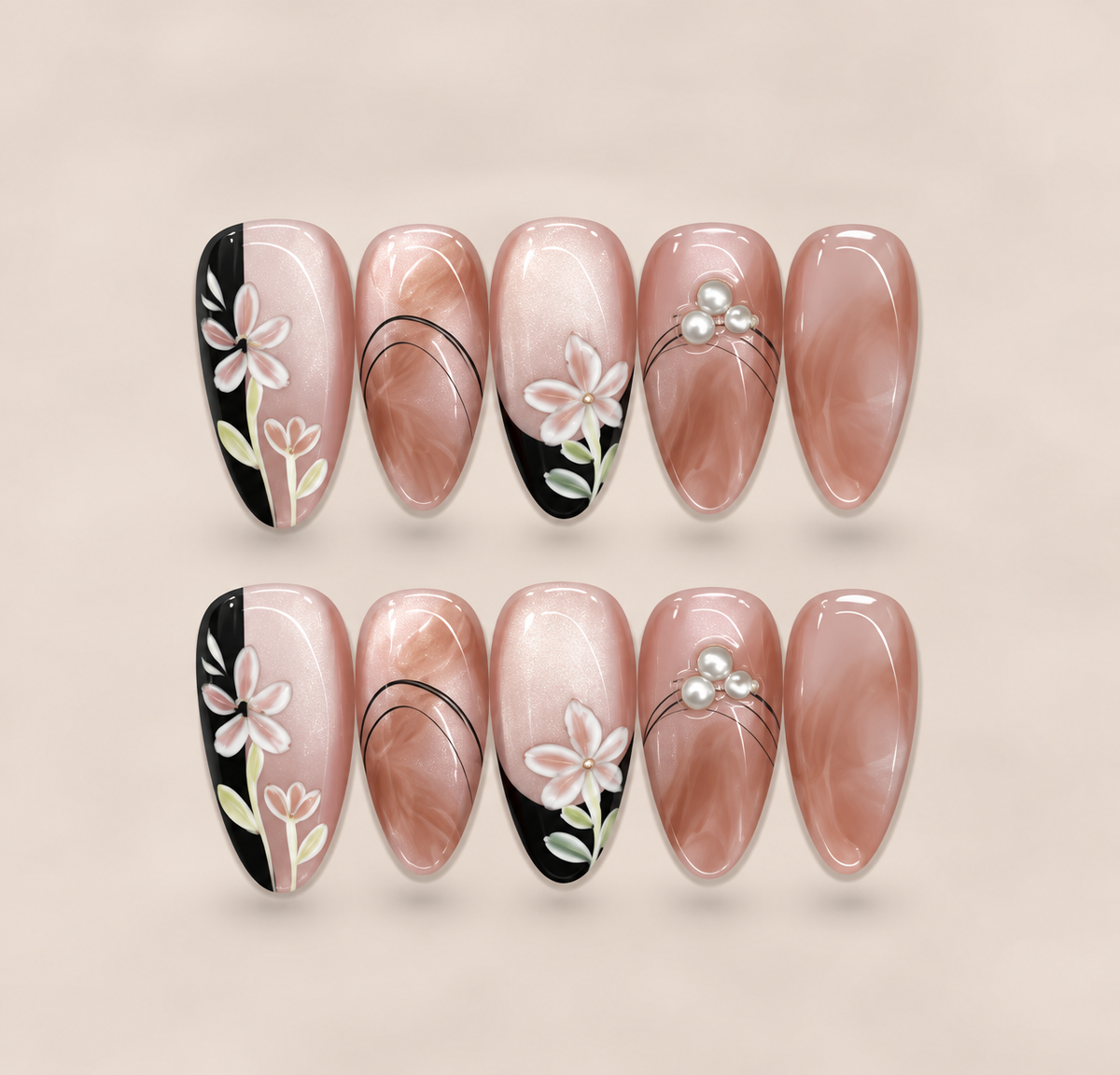 Rosé Noir – Pink Floral & Black Almond Press-On Nails