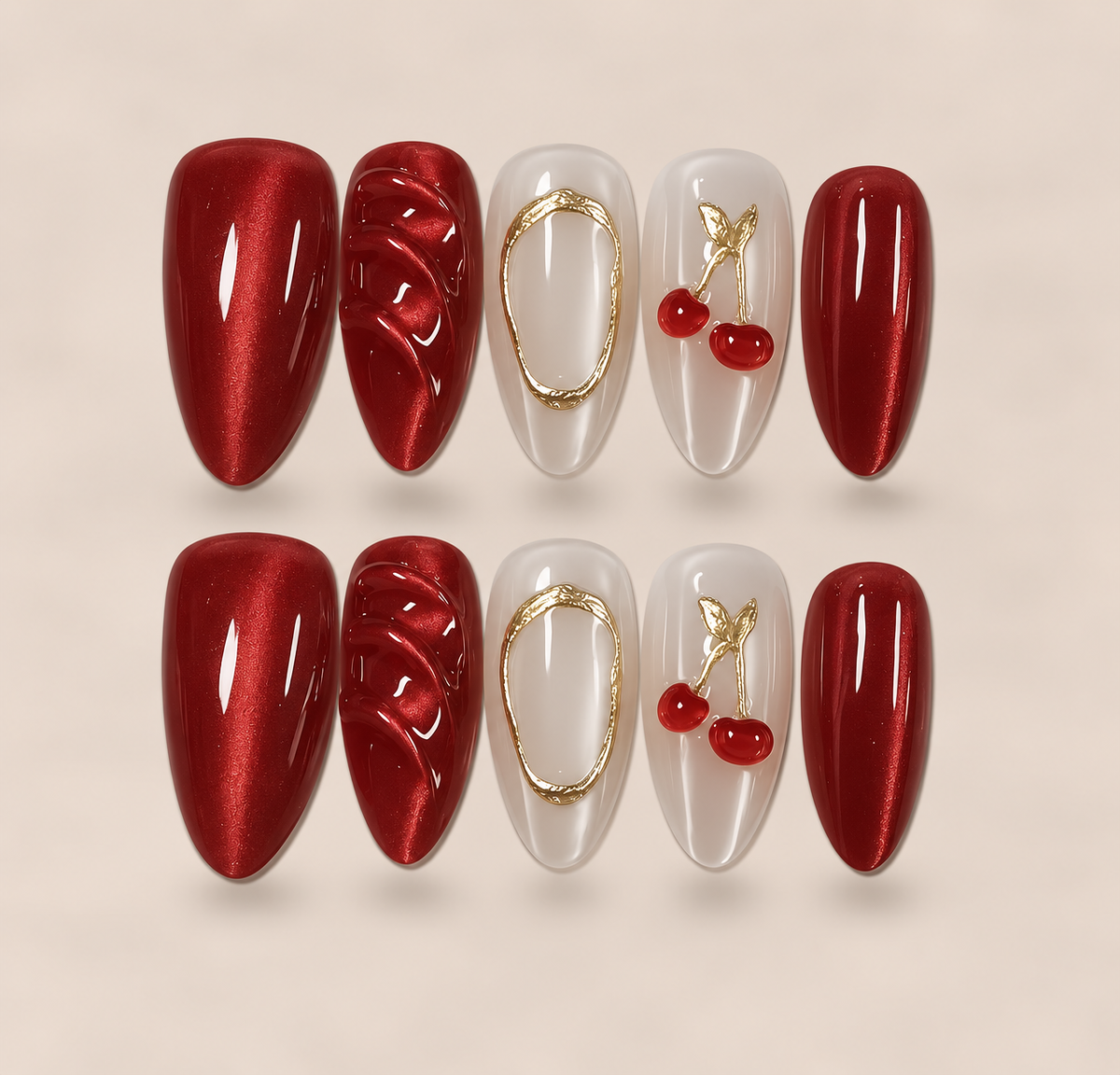 Cherry Amour – Red Cherry & Bow Almond Press-On Nails