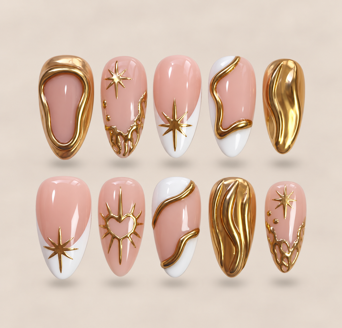 Gilded Muse – Pink & Gold Chrome Almond Press-On Nails