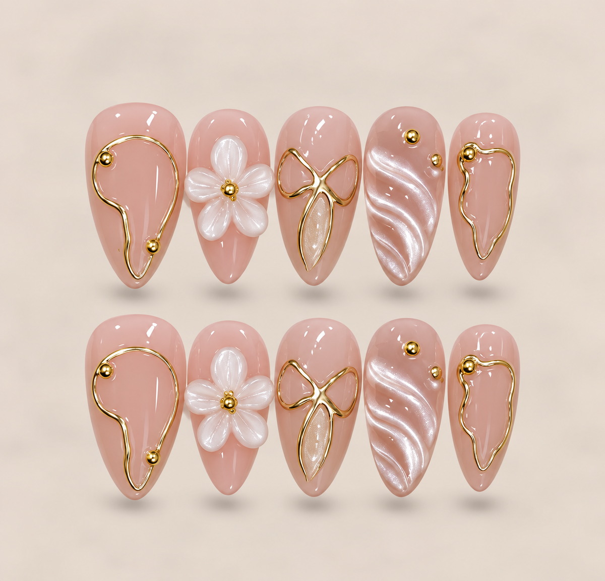 Blush Blossom – Pink & White 3D Floral Almond Press-On Nails