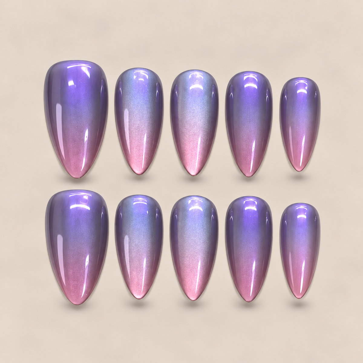 Amethyst Glow – Purple Pink Cat Eye Almond Press-On Nails