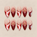 Crimson Bloom – Red Floral Almond Press-On Nails