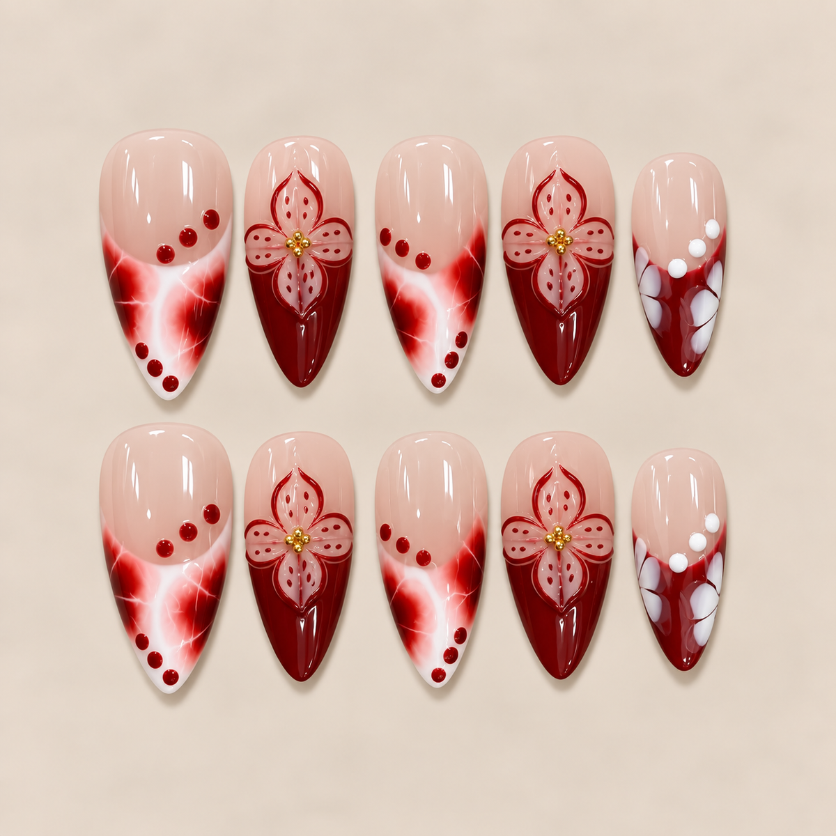 Crimson Bloom – Red Floral Almond Press-On Nails