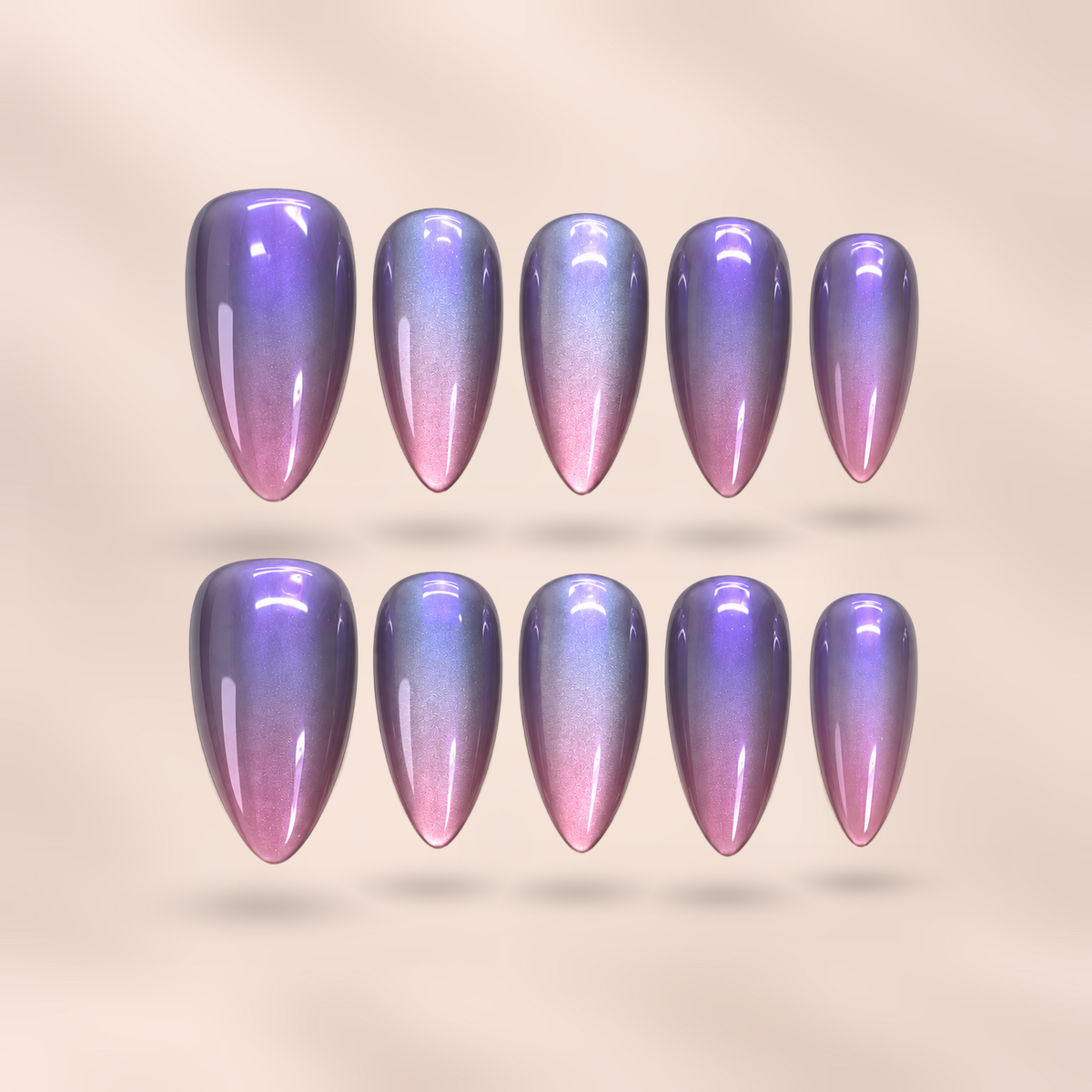 Amethyst Glow purple pink cat eye almond press-on nails by Verozi – front view