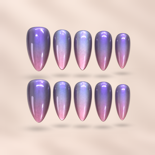 Amethyst Glow purple pink cat eye almond press-on nails by Verozi – front view