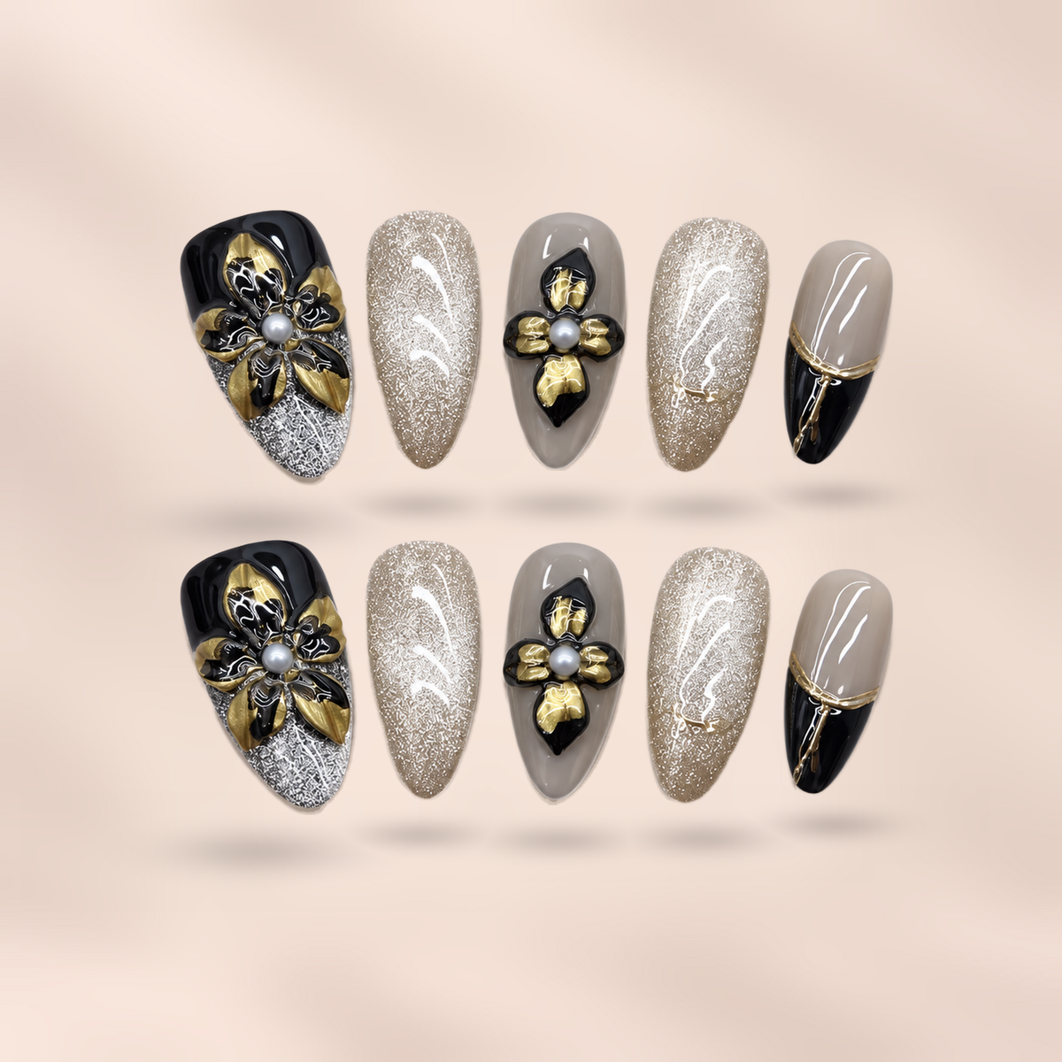 Black Rose black floral almond press-on nails by Verozi – front view