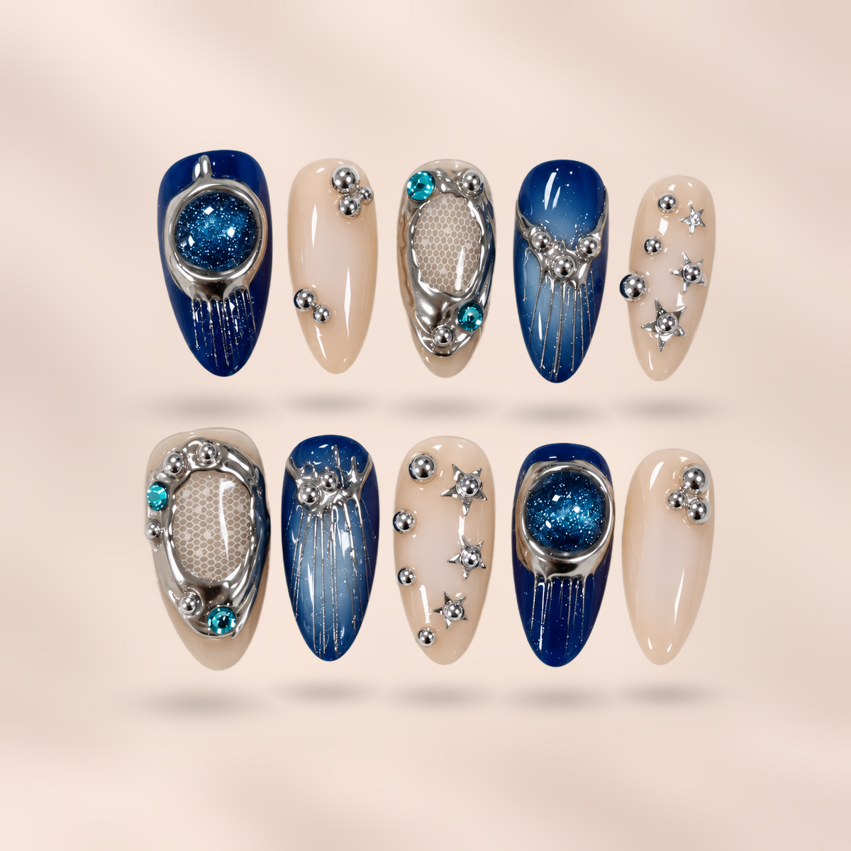 Blue chrome almond press-on nails by Verozi – front view