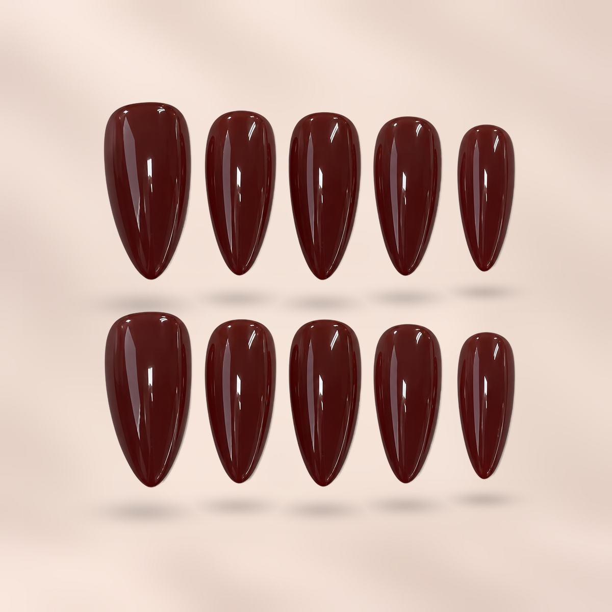 Bordeaux Rouge burgundy almond press-on nails by Verozi – front view