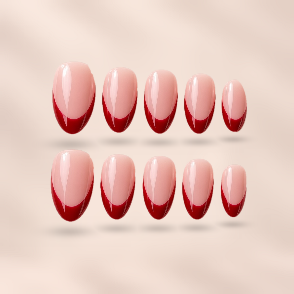 Candy Kiss – milky pink jelly with thin cherry-red French tip almond press-on nails by Verozi London