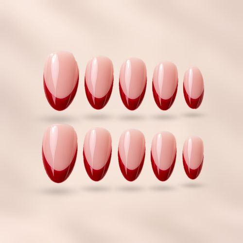 Candy Kiss – milky pink jelly with thin cherry-red French tip almond press-on nails by Verozi London