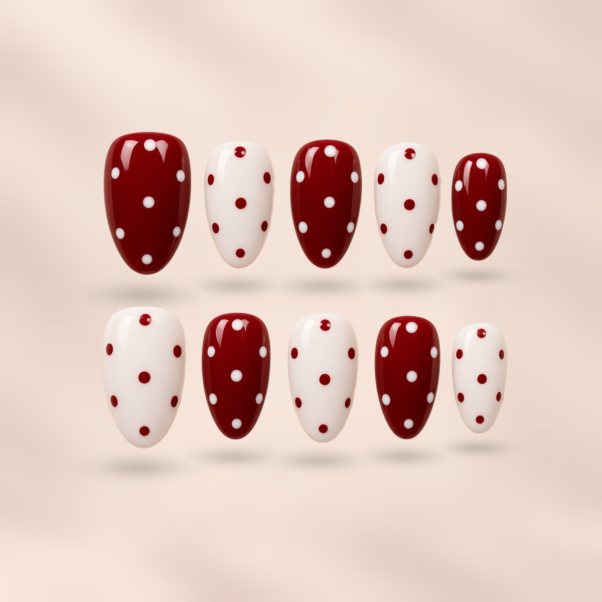 Cherry Pop burgundy & white polka dot almond press-on nails by Verozi – front view