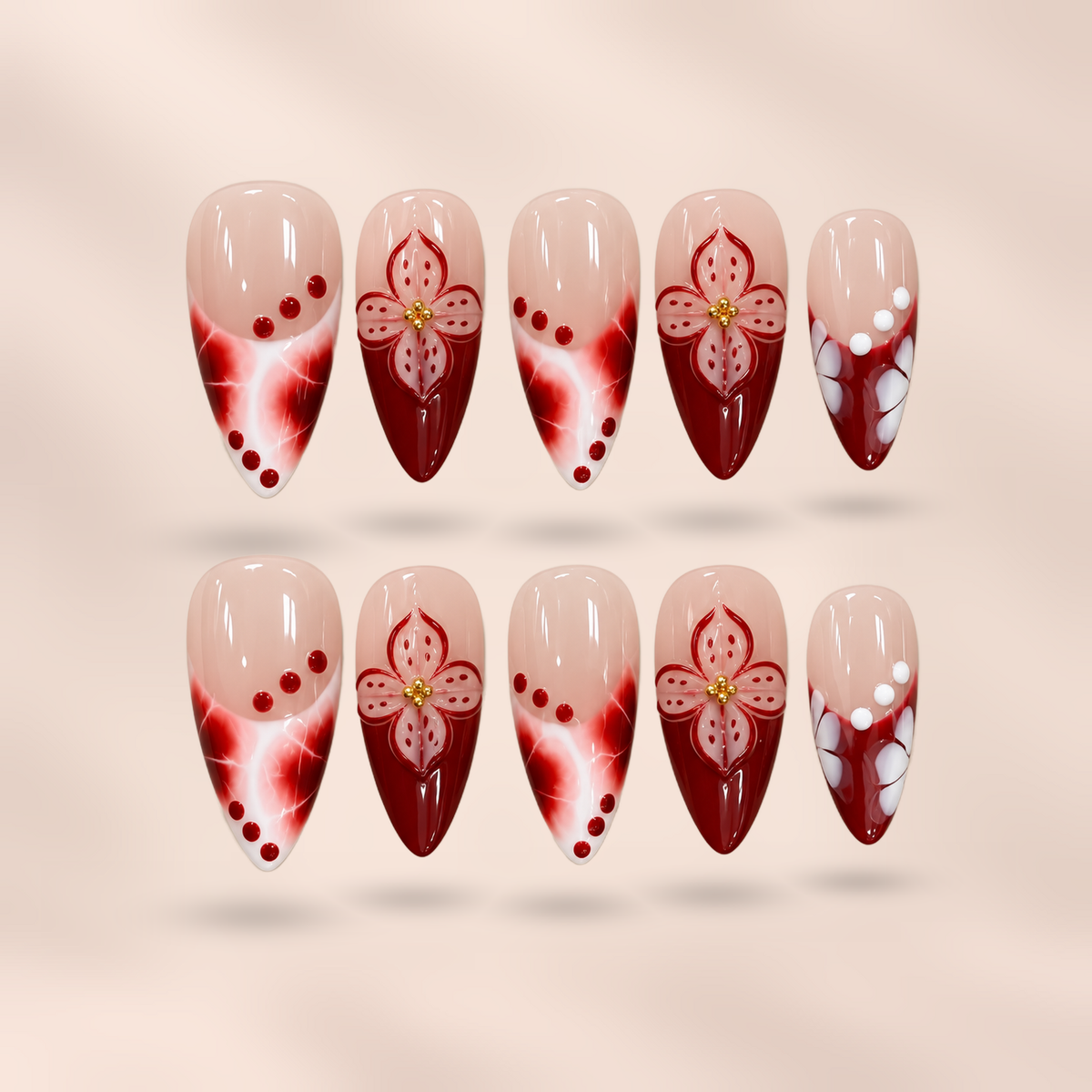 Crimson Bloom red floral almond press-on nails by Verozi – front view