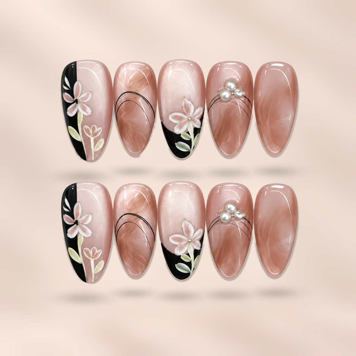 Rosé Noir pink floral & black almond press-on nails by Verozi – front view