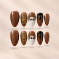 Golden Haunt – brown gold-glitter cat-eye with gold web, ghost and drip accents almond press-on nails by Verozi London