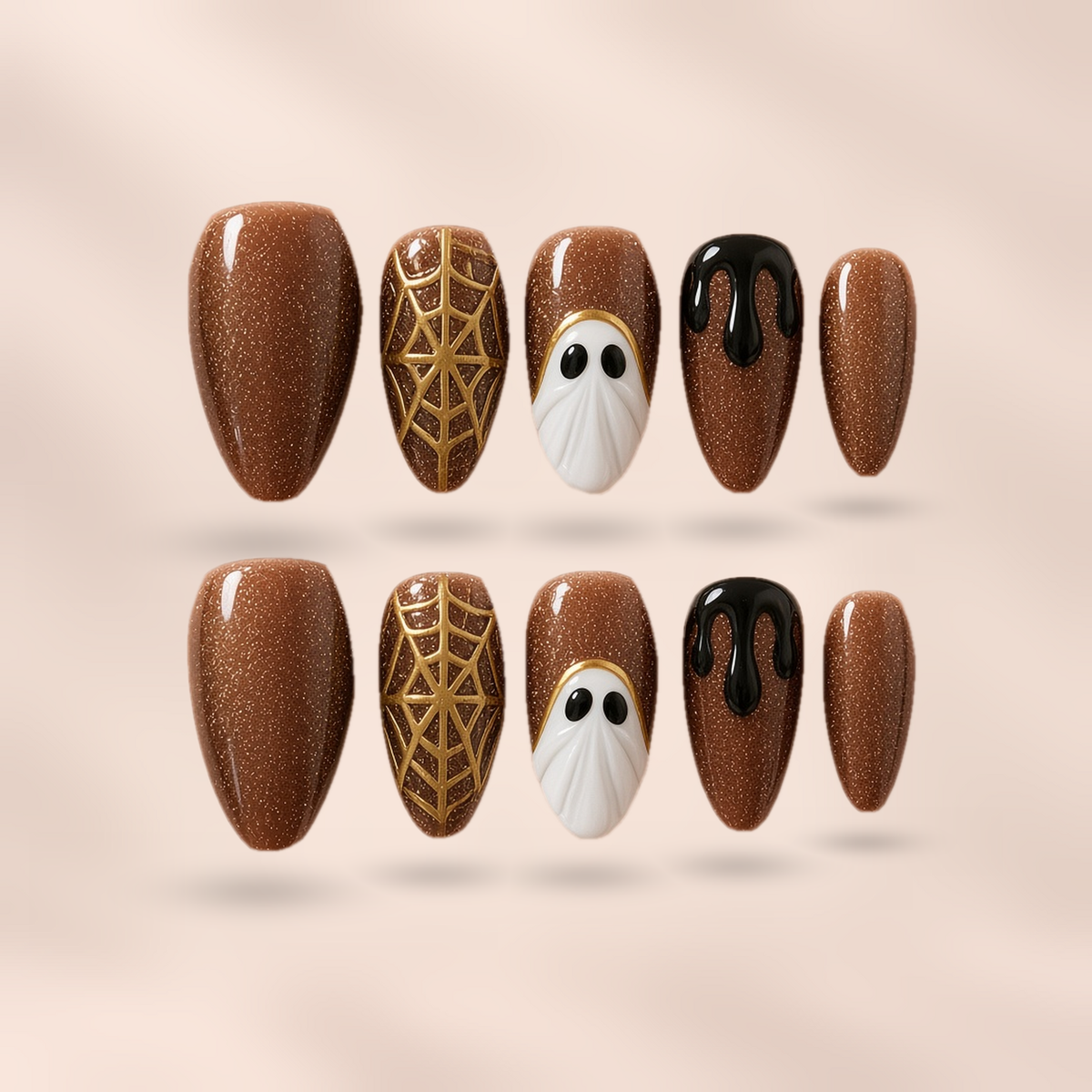 Golden Haunt – brown gold-glitter cat-eye with gold web, ghost and drip accents almond press-on nails by Verozi London