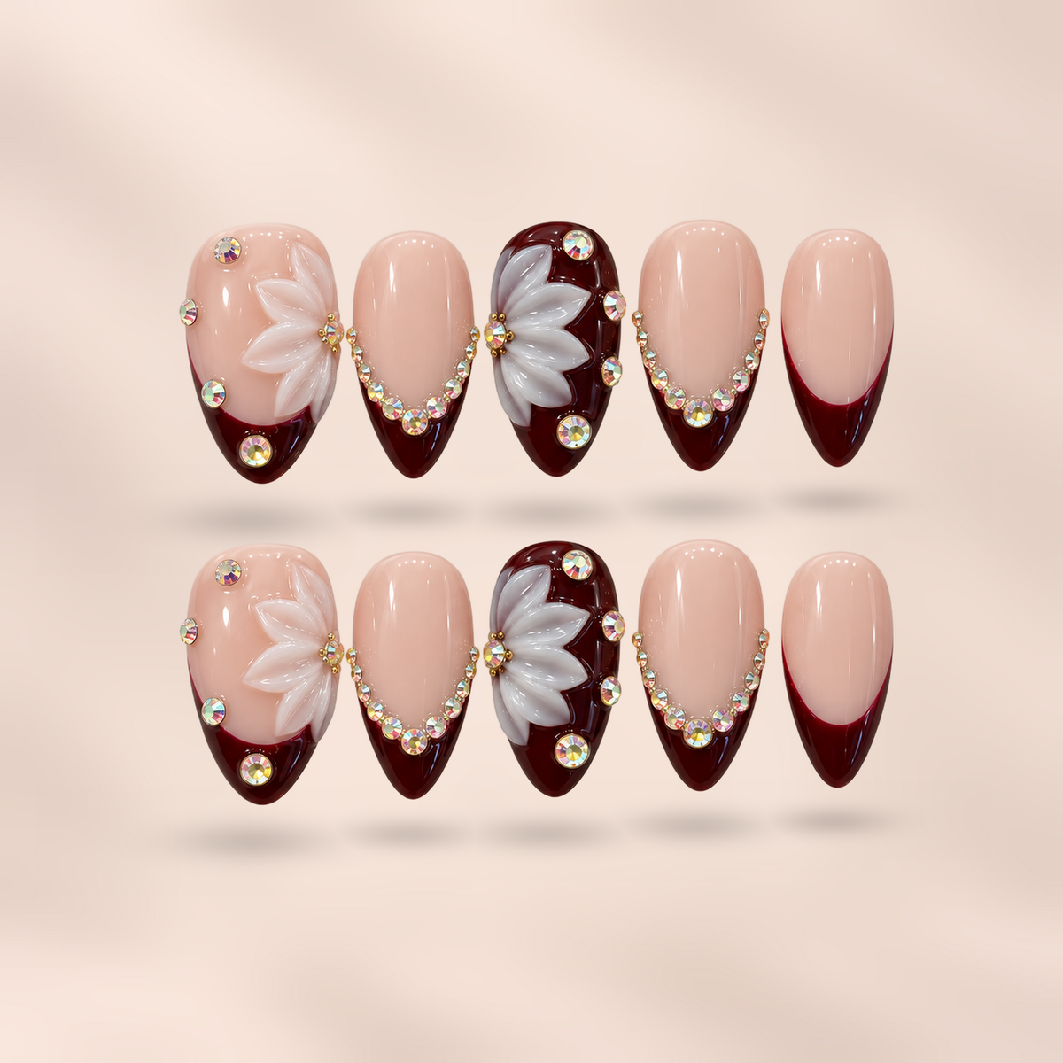 Burgundy Blossom burgundy 3D floral almond press-on nails by Verozi – front view
