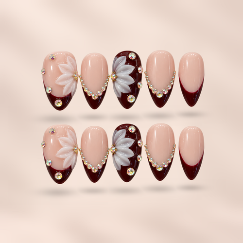 Burgundy Blossom burgundy 3D floral almond press-on nails by Verozi – front view