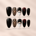 Midnight Haunt – glossy black with rose-gold web, white ghost and burgundy drip accents almond press-on nails by Verozi London