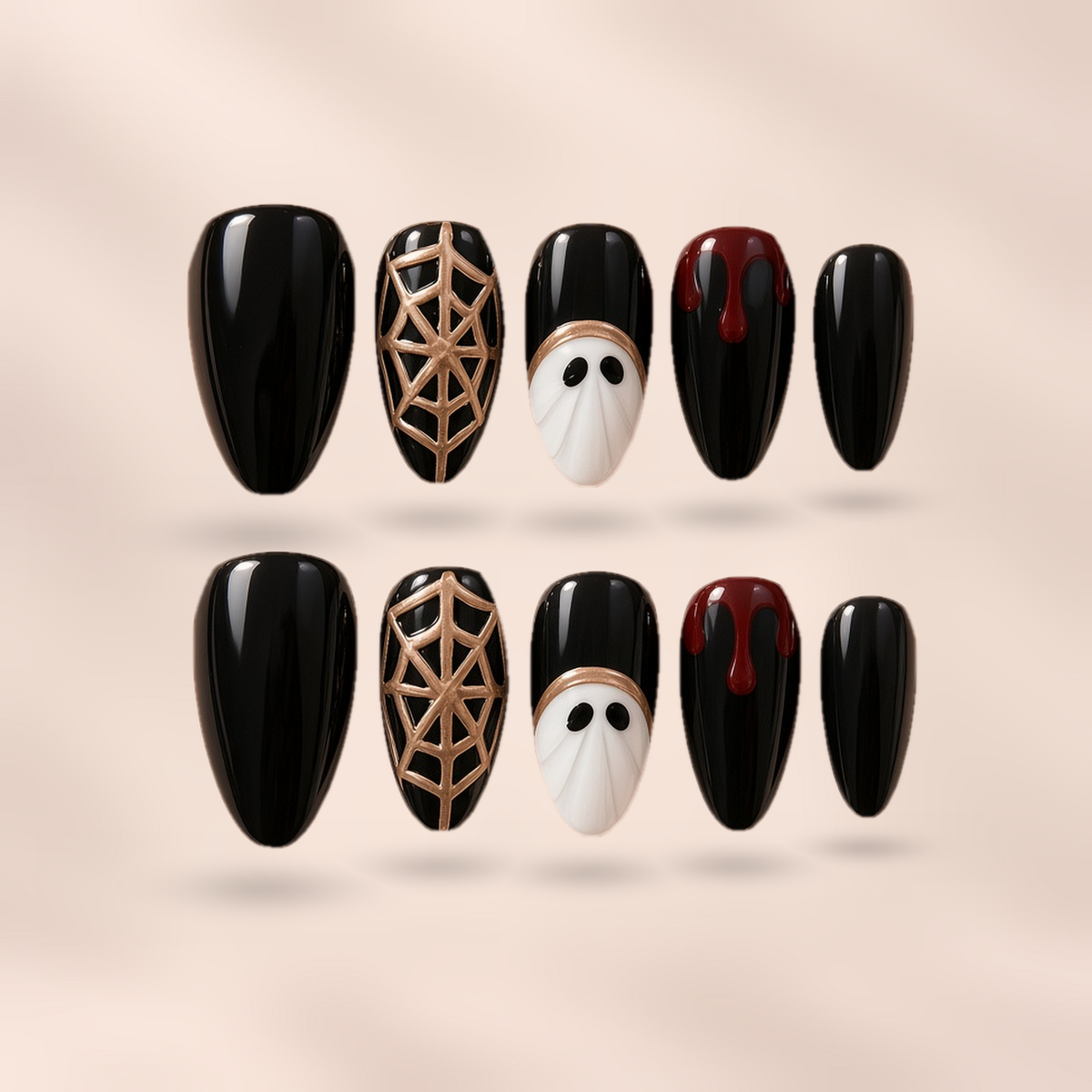 Midnight Haunt – glossy black with rose-gold web, white ghost and burgundy drip accents almond press-on nails by Verozi London
