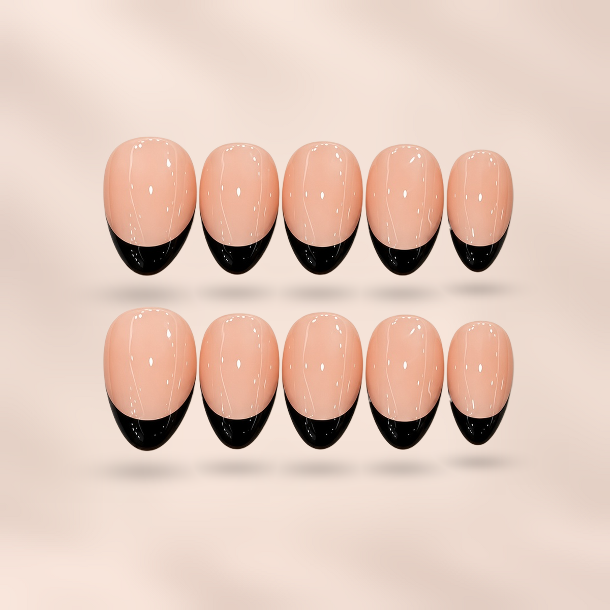 Noir Edge nude & black French tip almond press-on nails by Verozi – front view