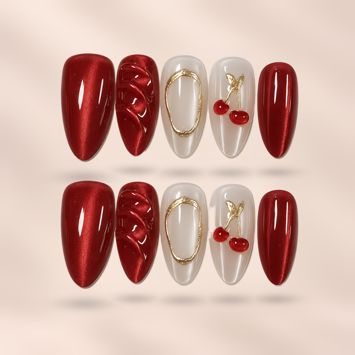 Cherry Amour red cherry & bow almond press-on nails by Verozi – front view