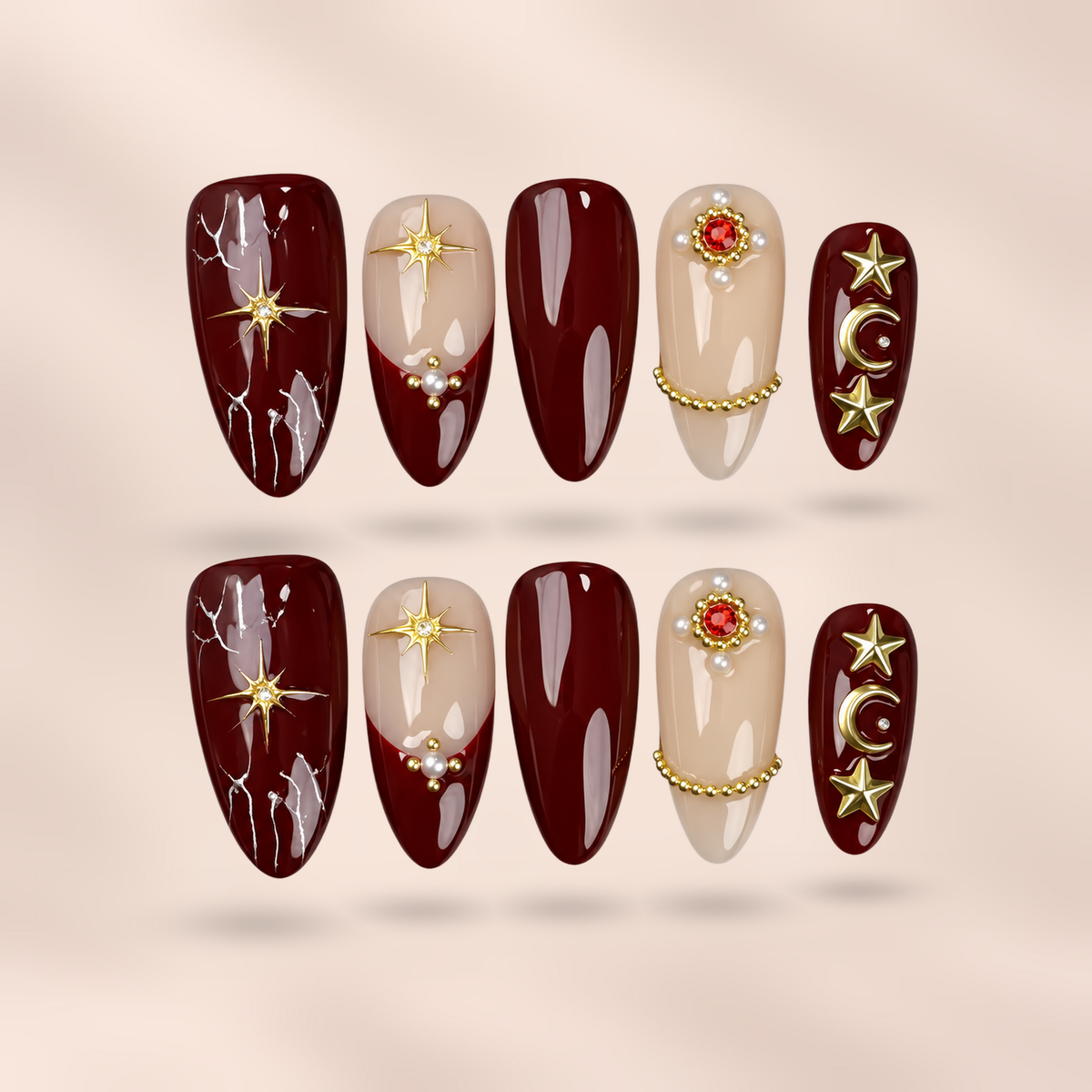 Celestial Rouge burgundy moon & star almond press-on nails by Verozi – front view