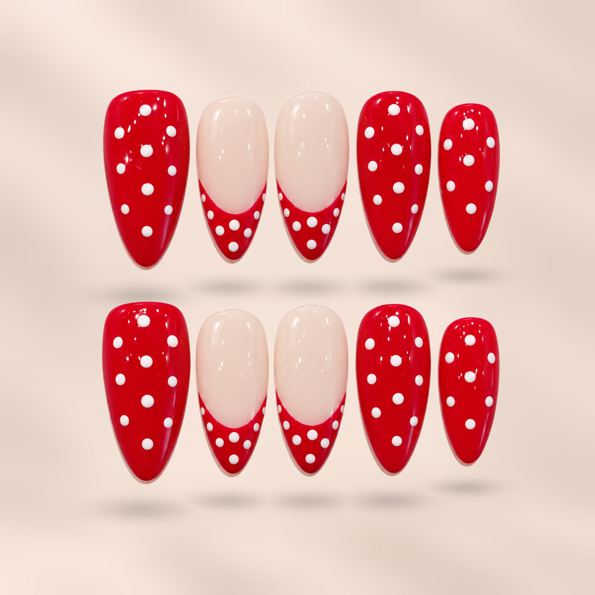 Scarlet Dots red polka dot French almond press-on nails by Verozi – front view