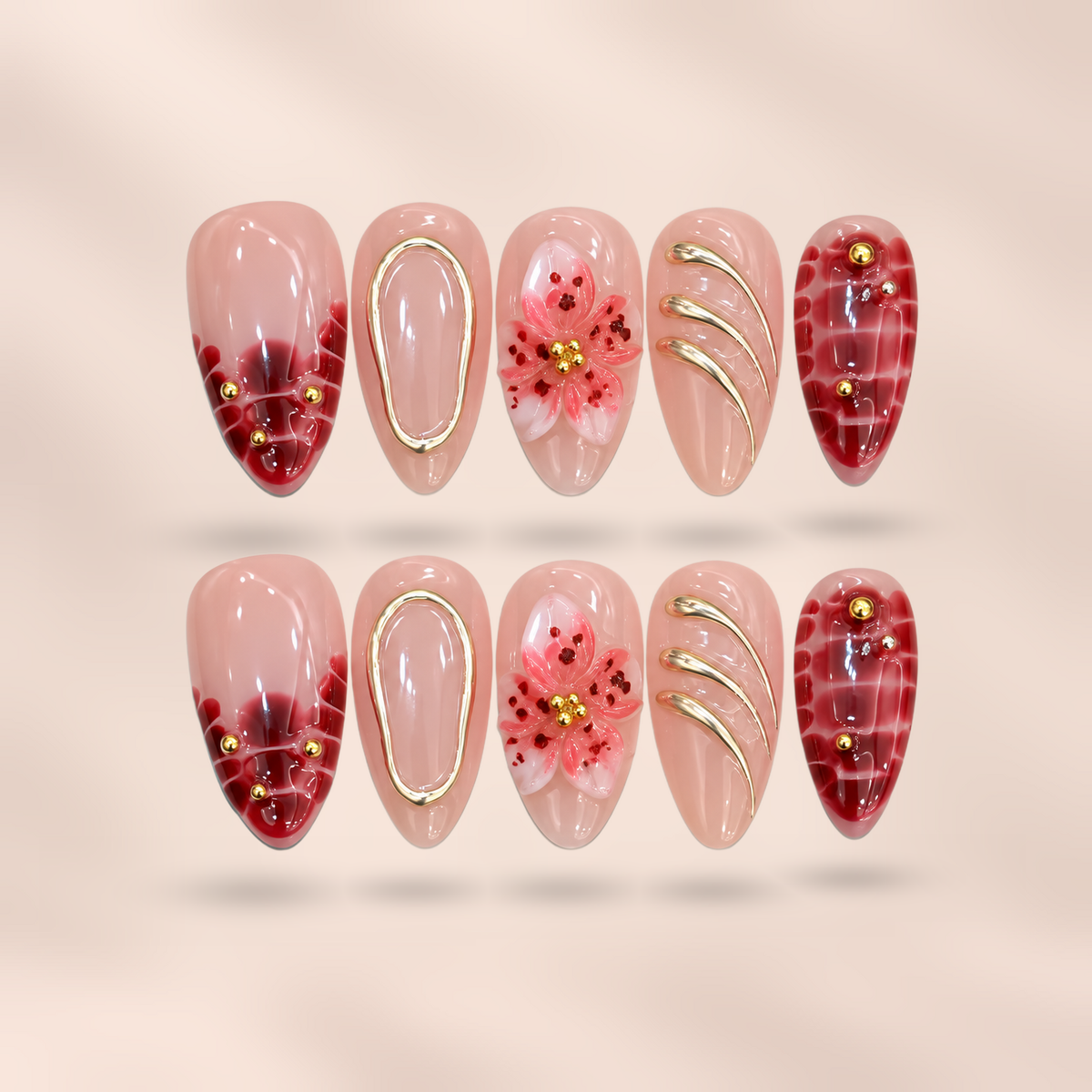 Crimson Tweed red tweed almond press-on nails by Verozi – front view