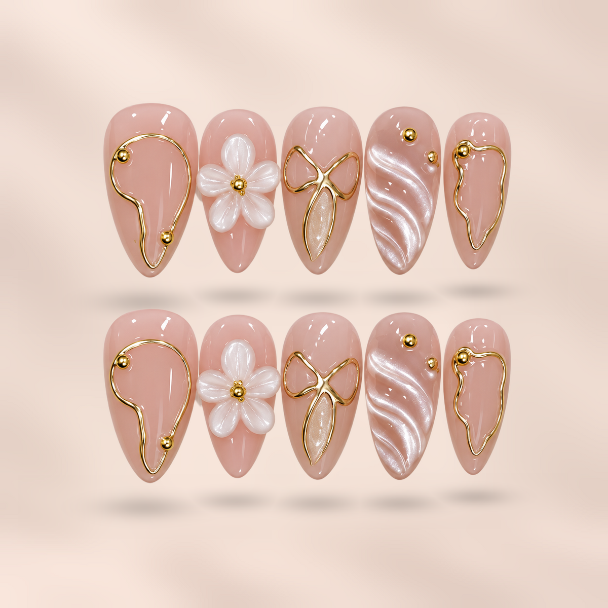 Blush Blossom pink & white 3D floral almond press-on nails by Verozi – front view