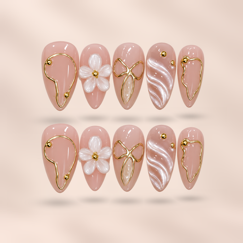 Blush Blossom pink & white 3D floral almond press-on nails by Verozi – front view
