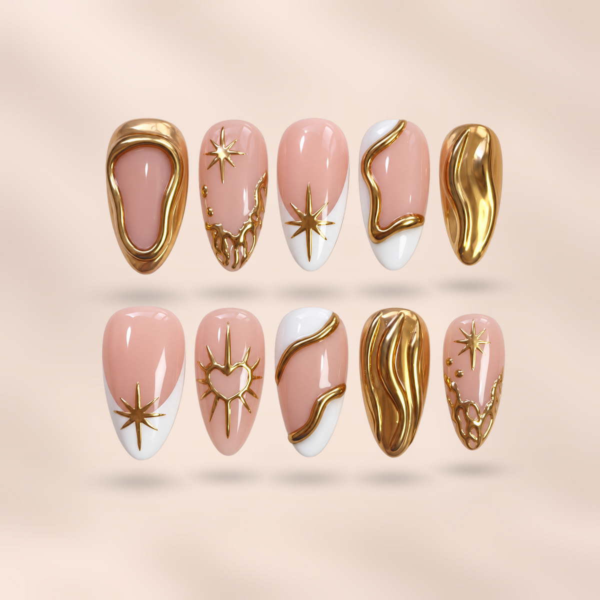 Gilded Muse pink & gold chrome almond press-on nails by Verozi – front view