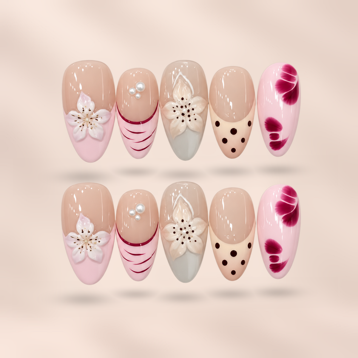 Blush Mélange pink floral & patterned almond press-on nails by Verozi – front view