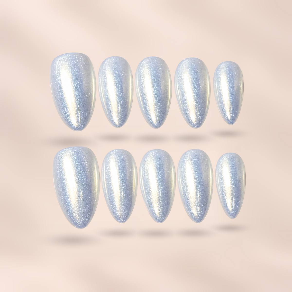 Frosted Pearl pearl white shimmer almond press-on nails by Verozi – front view