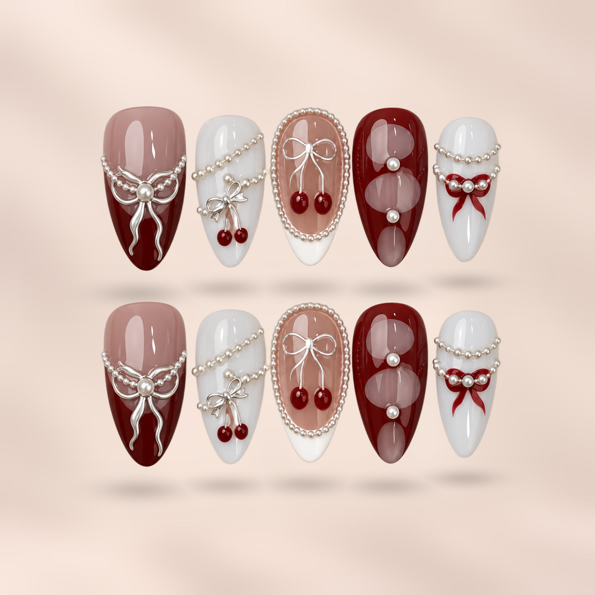 Noël Bow red & white Christmas bow almond press-on nails by Verozi – front view